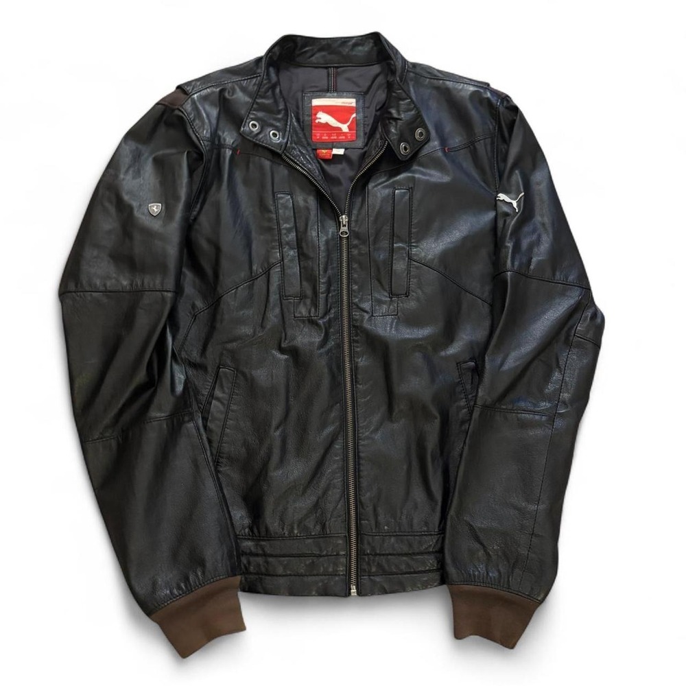 Puma Ferrari Black Leather Racing Jacket Mens Medium Vintage Biker Full Zip